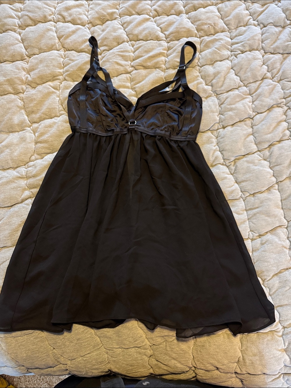 Black Satin & Chiffon V-Neck Chemise with Adjustable Straps